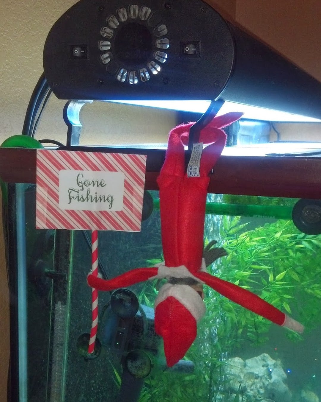 Elf on the Shelf sitting beside a striped paper-straw fishing pole cast into the sink, with a Gone Fishing sign nearby