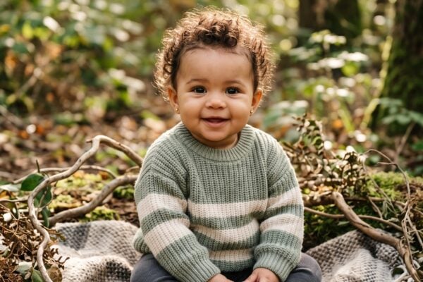 Baby Girl in a woodland clearing dappled with soft morning light — 200+ Tough, Badass Girl Names for a Fierce Little Force