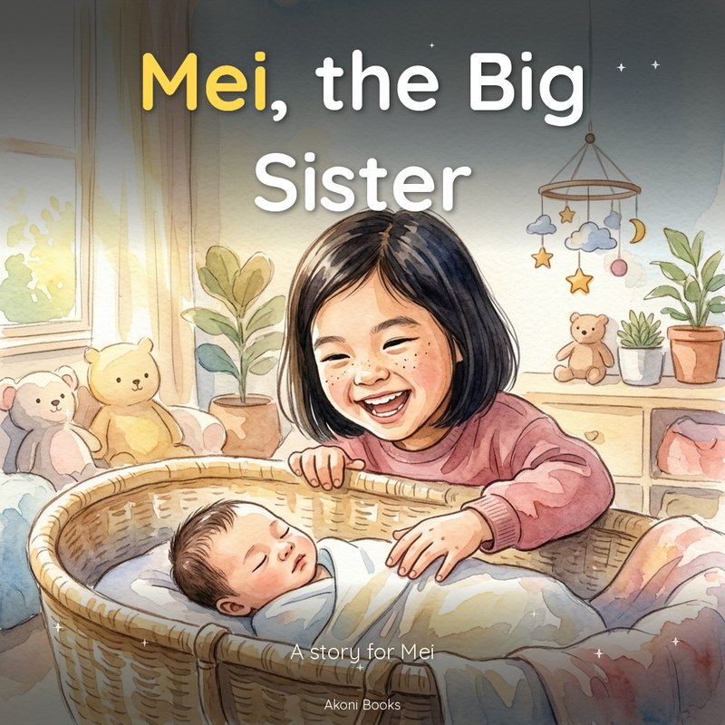Akoni Books personalized new-sibling storybook cover with a big sister and a newborn
