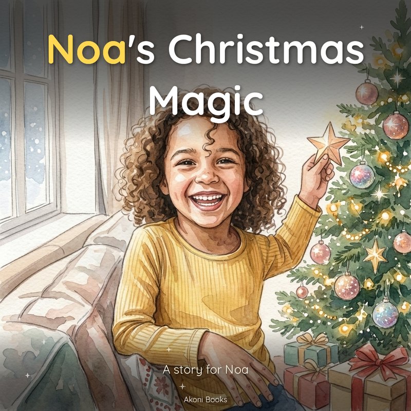 Akoni Books personalized Christmas storybook cover with an illustrated child as the hero