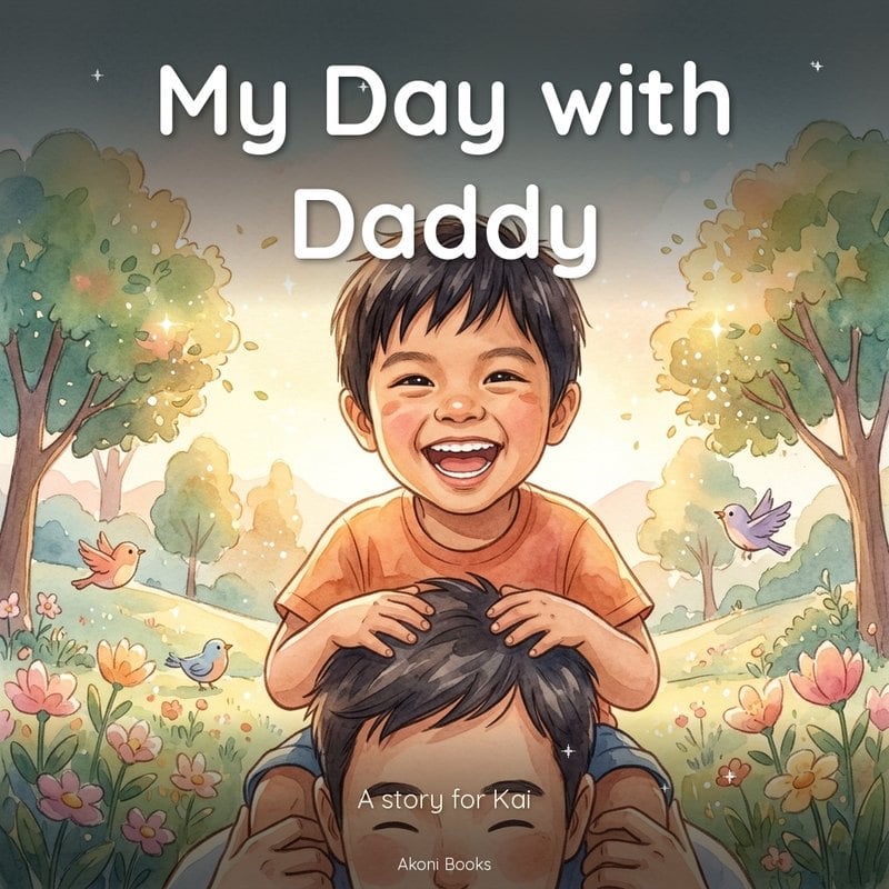 Akoni Books personalized storybook cover showing a child on his dad's shoulders