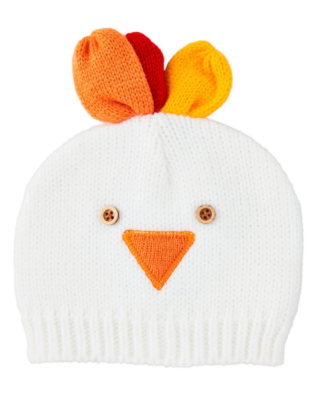 White knit beanie with orange, red and yellow feather-fan loops, wooden button eyes and an orange beak