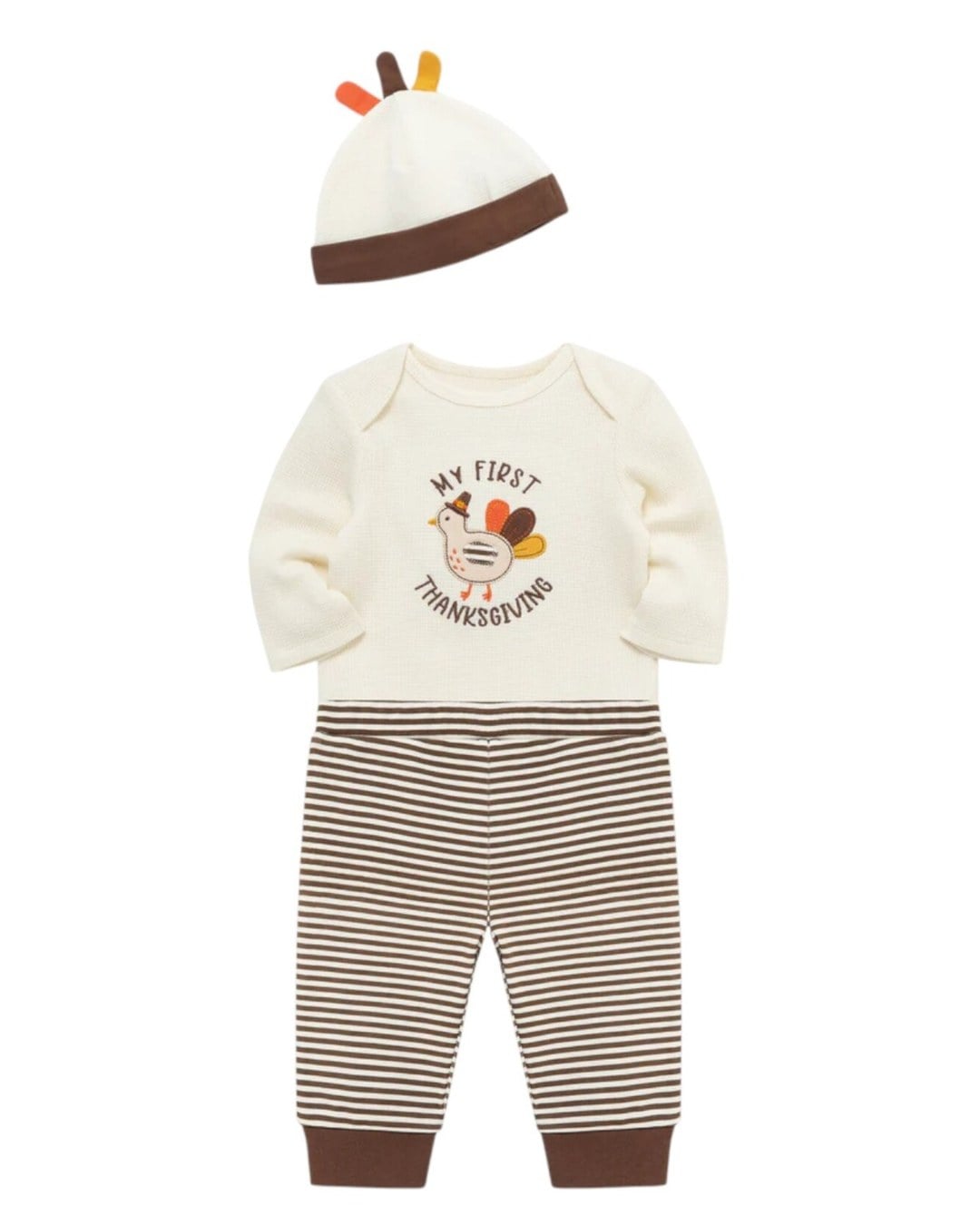Cream waffle-knit My First Thanksgiving turkey top, turkey-feather beanie and brown striped pants