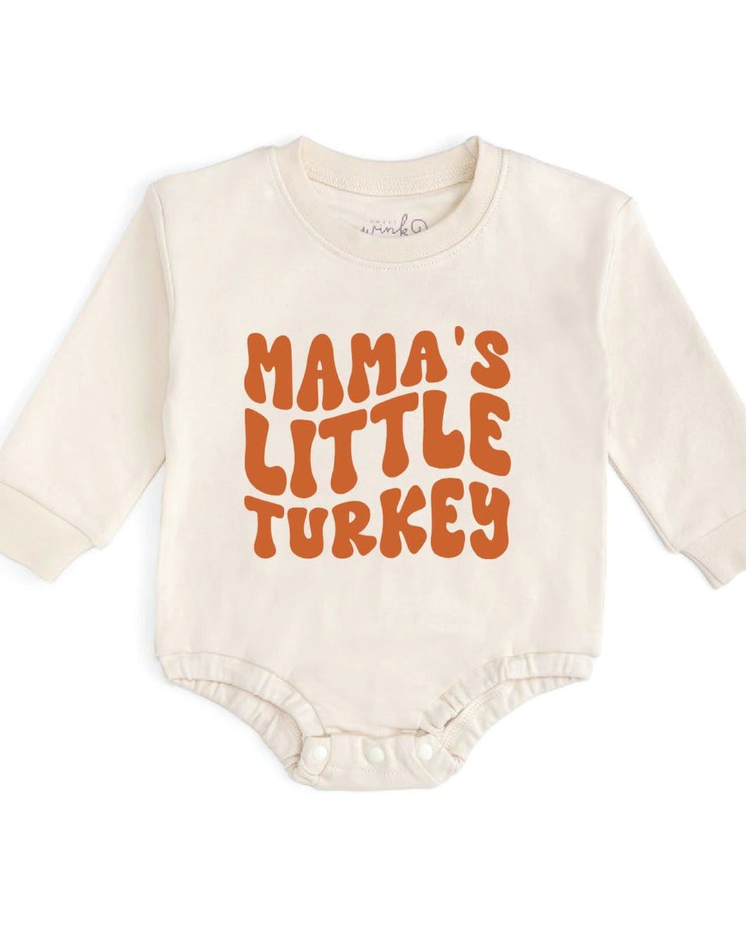 Natural cream long-sleeve cotton romper with a burnt-orange Mama's Little Turkey graphic