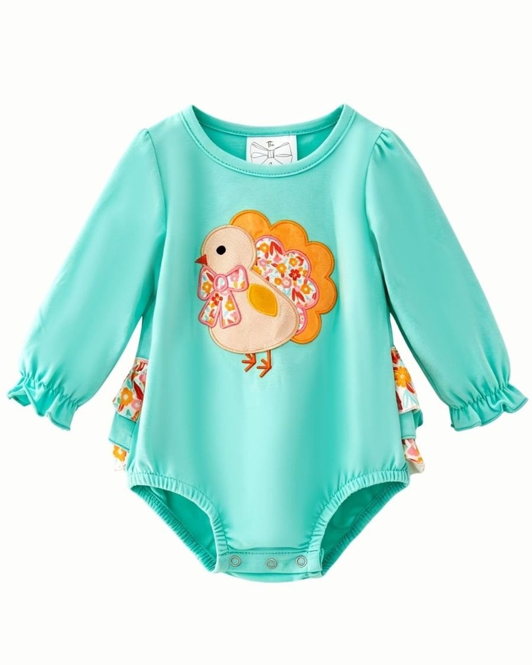 Turquoise long-sleeve bubble romper with a turkey appliqué, orange floral tail and floral ruffles