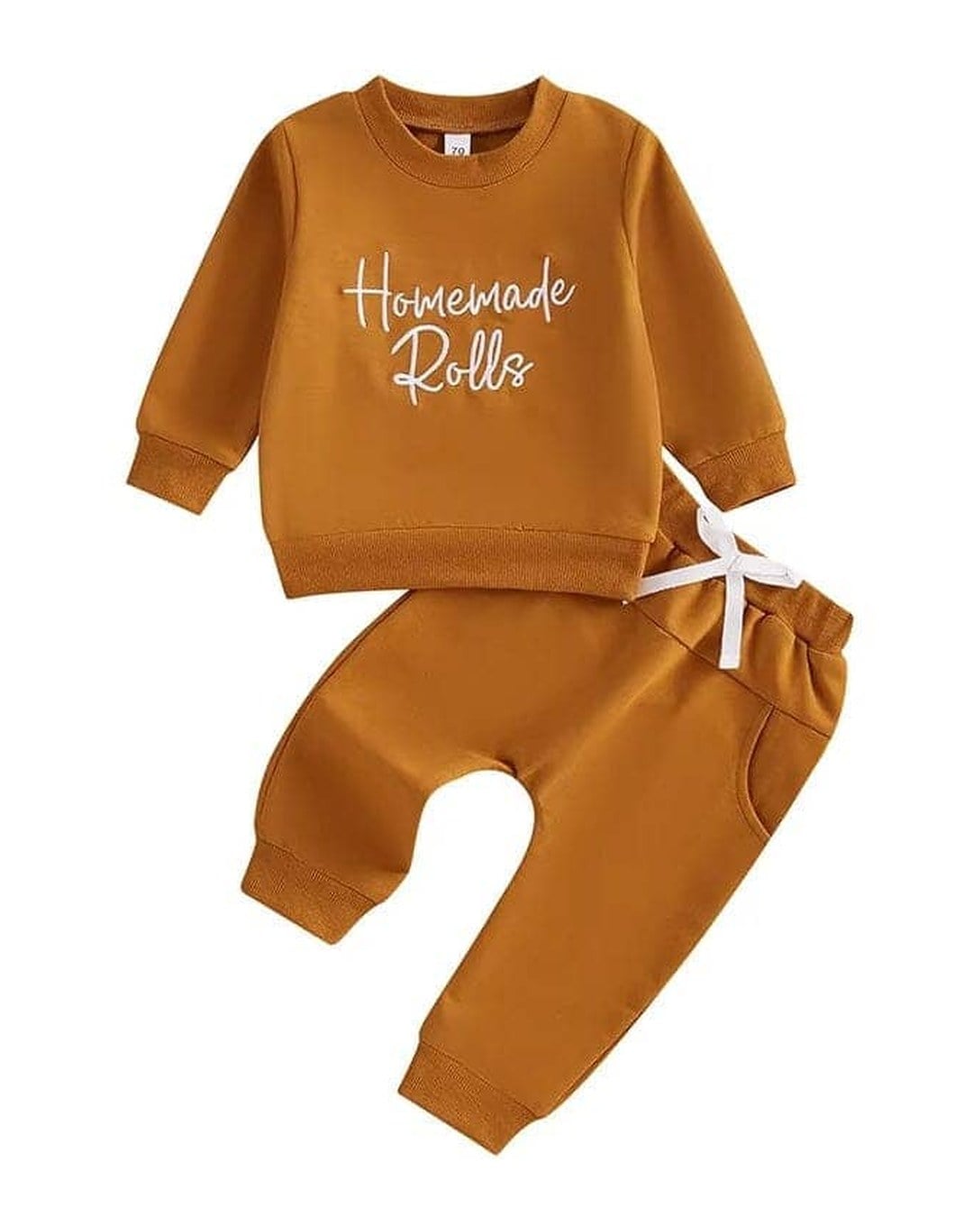 Mustard long-sleeve sweatshirt embroidered with Homemade Rolls in white script and matching jogger pants