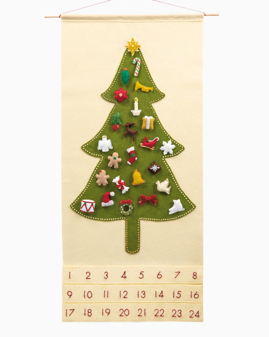 A cream felt wall hanging with a felt Christmas tree, felt ornaments and numbered pockets 1 to 24
