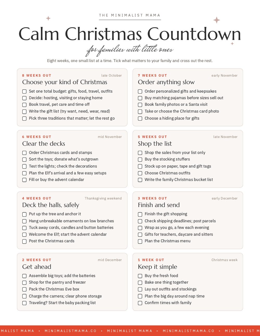 Printable Christmas planning checklist for families with babies and toddlers, with eight weekly to-do lists