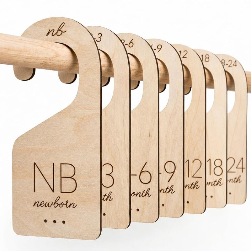 White Loft wooden baby closet dividers, newborn to 24 months, hanging on a closet rod