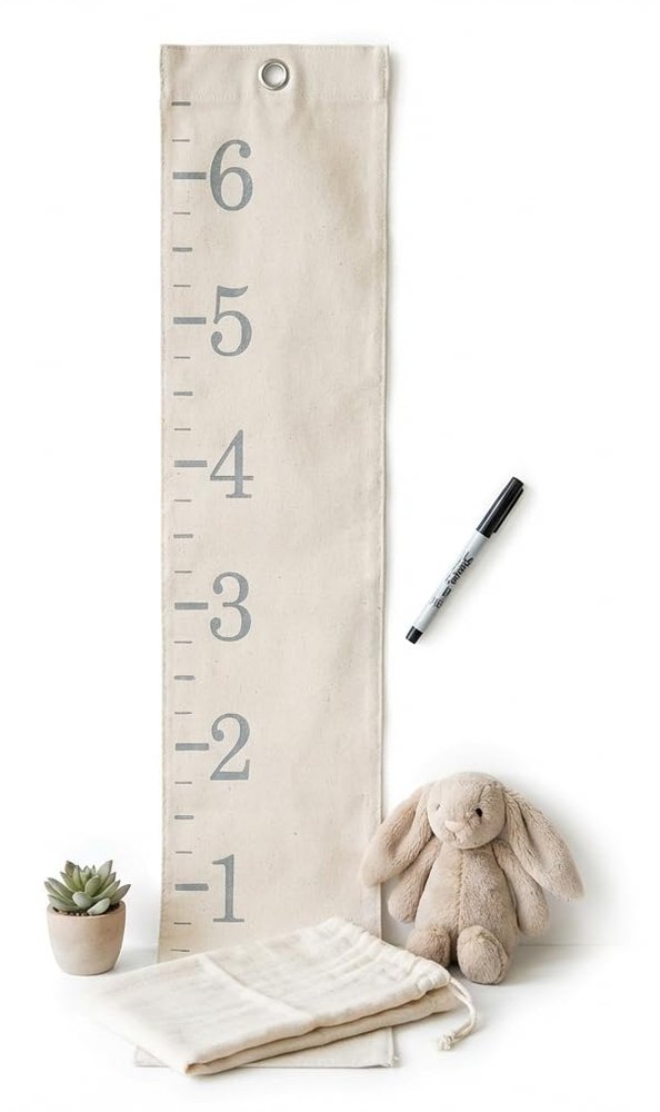 White Loft canvas growth chart with gray ruler numbers and a fabric pen