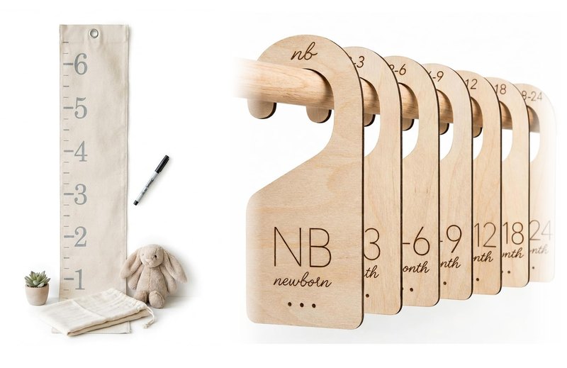 White Loft Classic Nursery Gift Set: canvas growth chart and wooden baby closet dividers